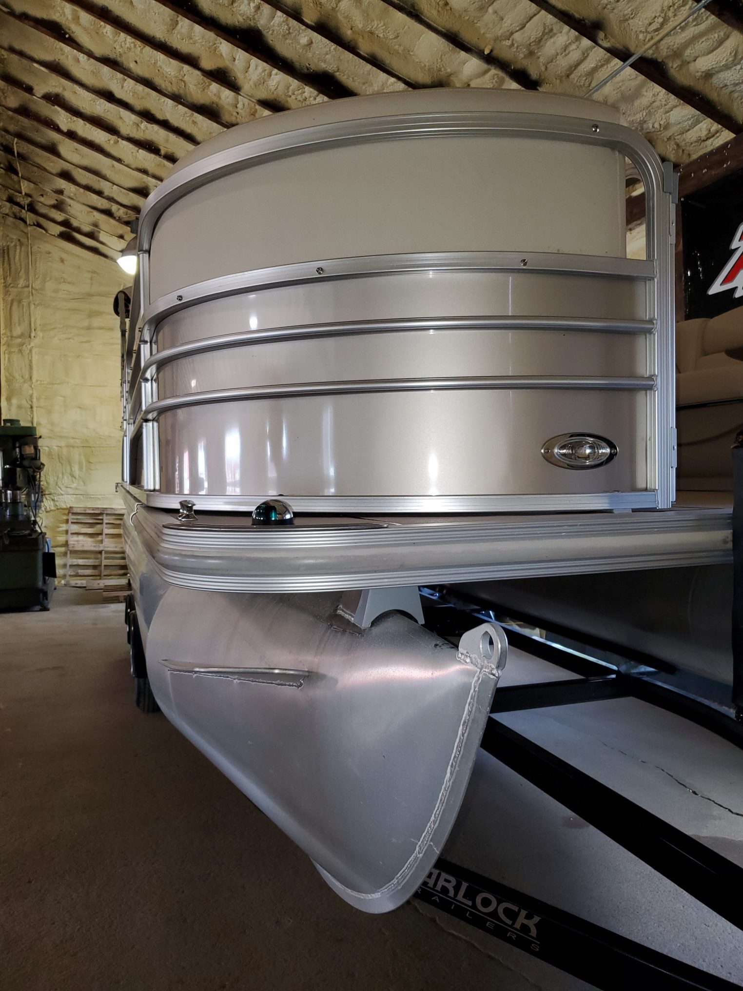 pontoon boat in the shop for repair